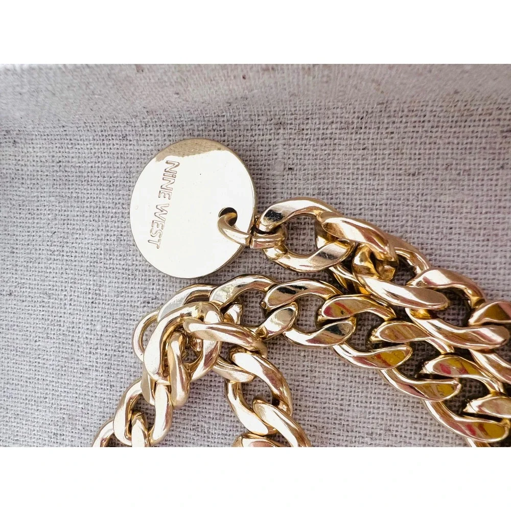 Nine West Gold Tone Multi Strand Curb Chain Link Adjustable Belt with Logo Charm